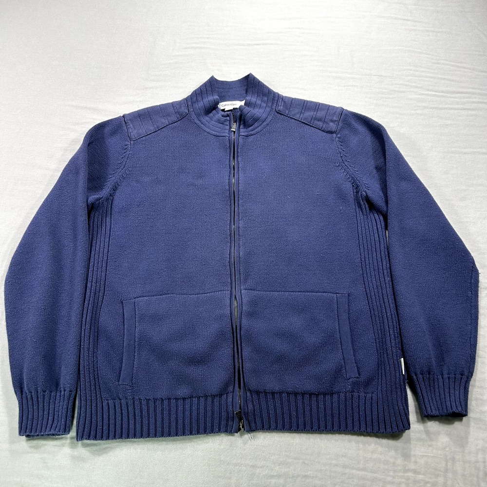 Calvin Klein Jacket Mens Large Blue Bomber Full Zip Cotton Blend Preppy Sweater